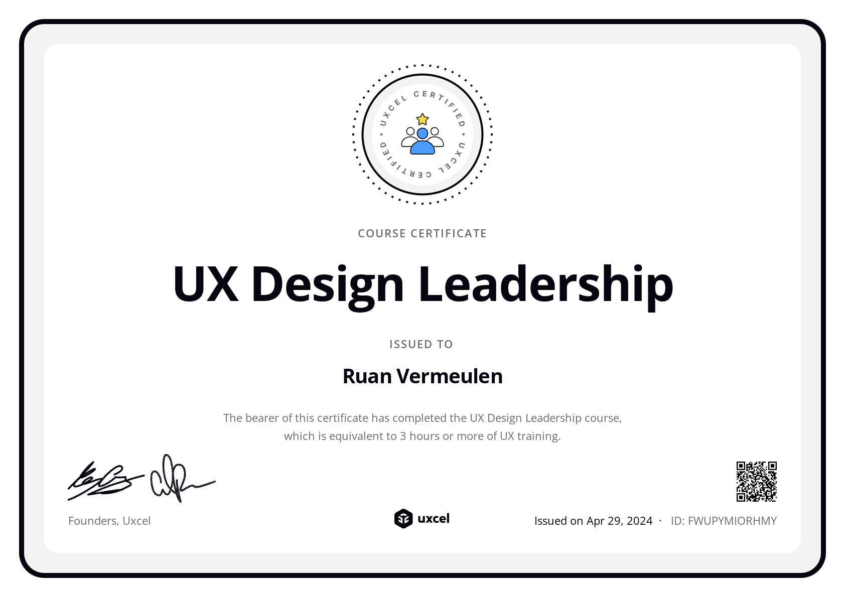 Ruan Vermeulen's certificate